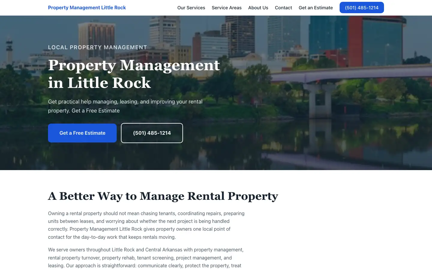 Homepage of propertymanagementlittlerock.com, a Little Rock property management site